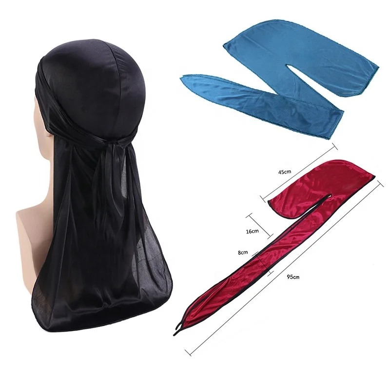 European And American Imitation Silk Long Turban Red Black Tail Pirate Hijab Polyester Bandana With Logo