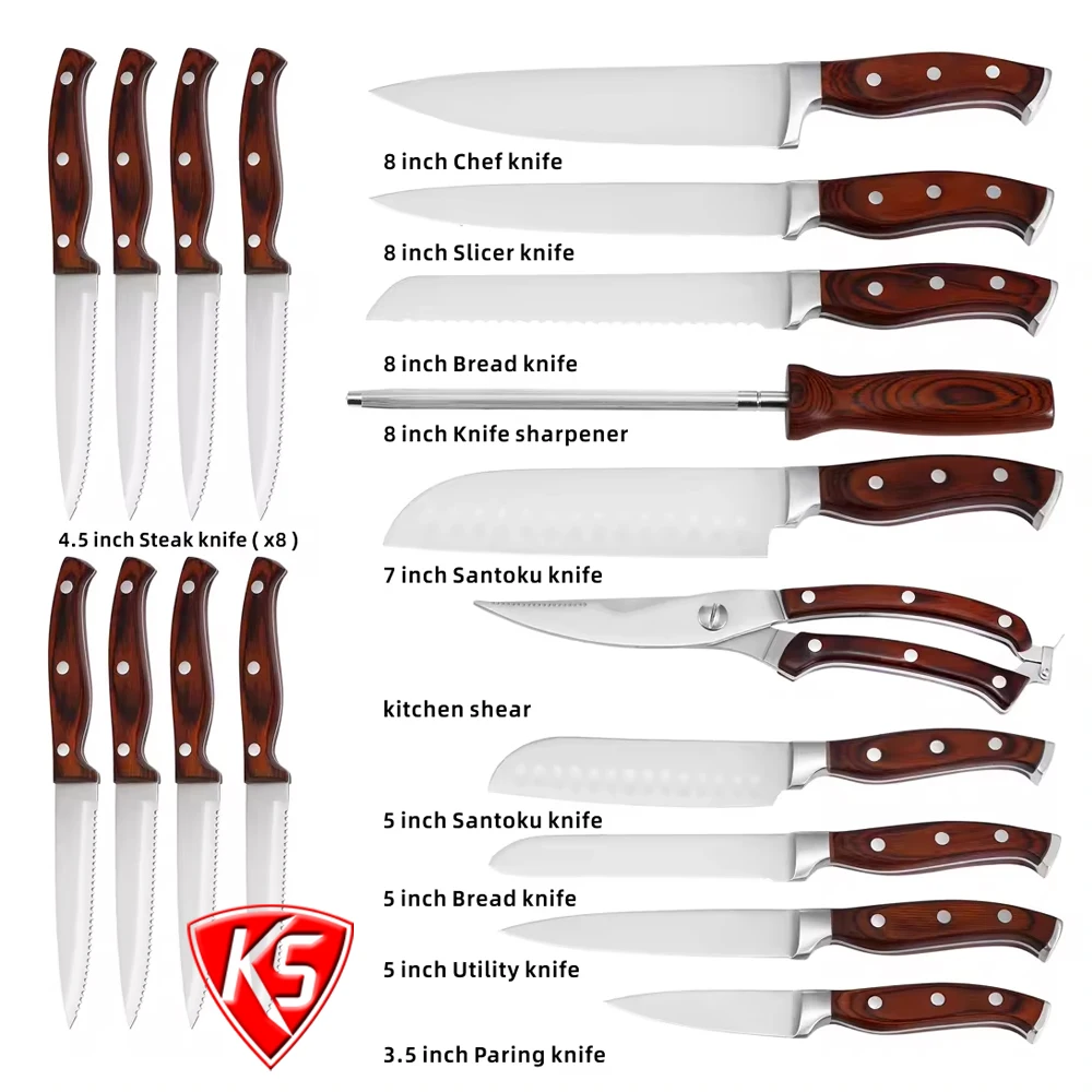 High Quality 19-Piece Kitchen Knife Set with Wooden Block Home Kitchen Cutlery Includes Knife Sharpener and 8 Steak Knives