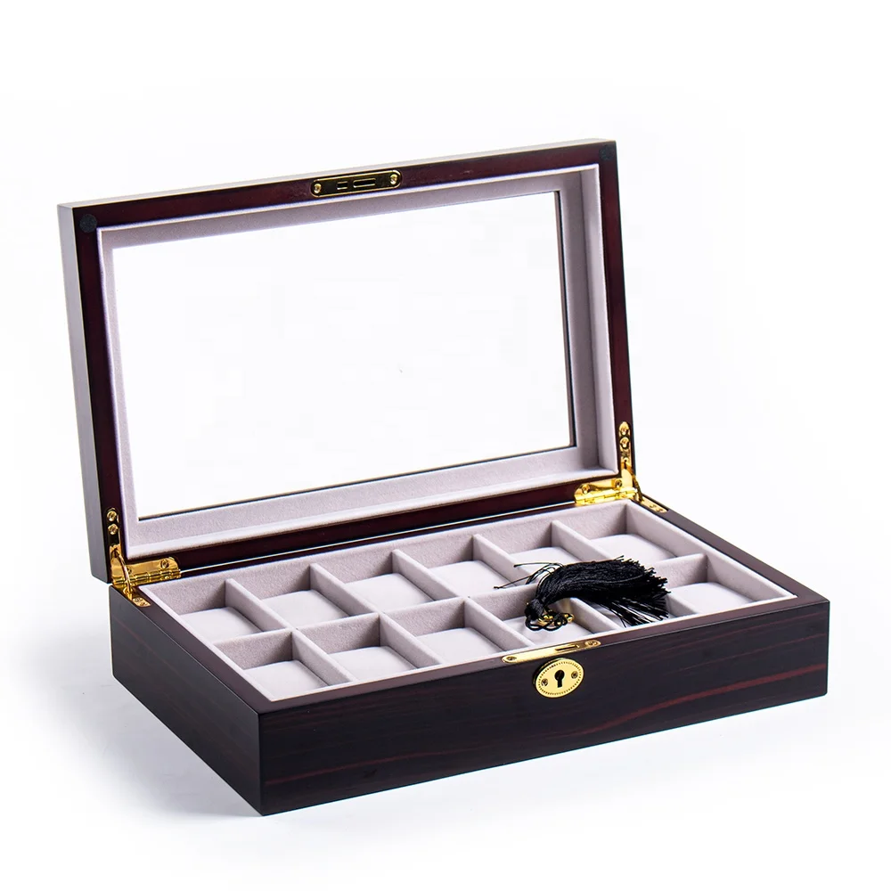 High-end Rectangle Watch Case with Lock Packaging Display Men 12 Slot Storage Organizer Solid Wooden Watch Box Luxury