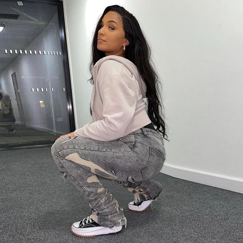 Hot Trendy Printing Cotton High Waist Denim Pants Ladies Wholesale Stacked Pants Ruched Trousers women printed jeans