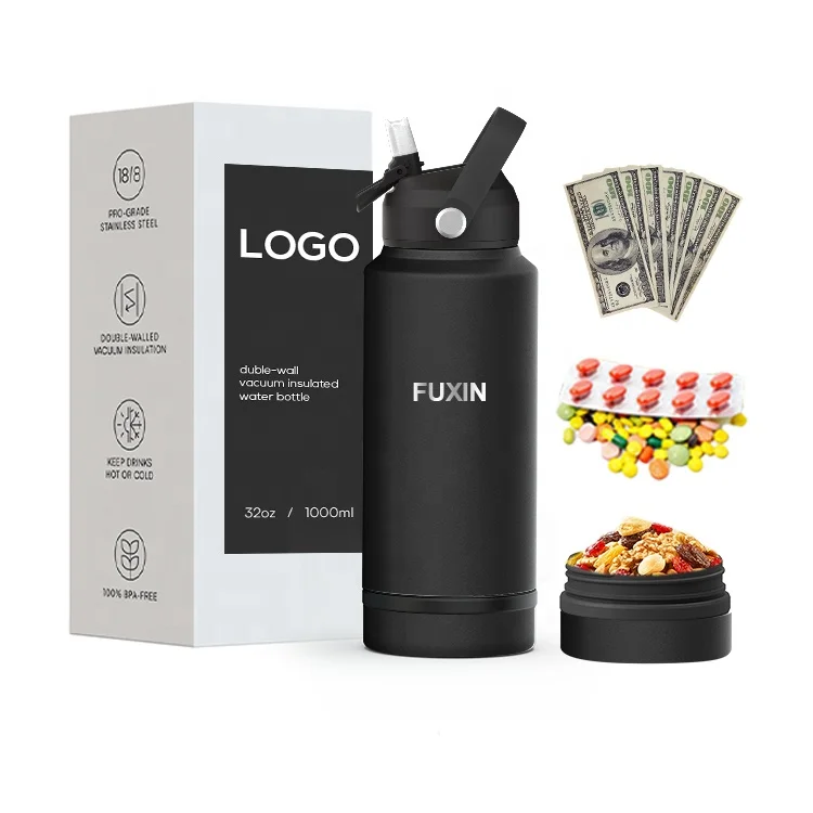 One-handed Operation 32oz Vacuum Insulated Water Bottle Stainless Steel With Hidden Compartment Gym Bottle Matt Black