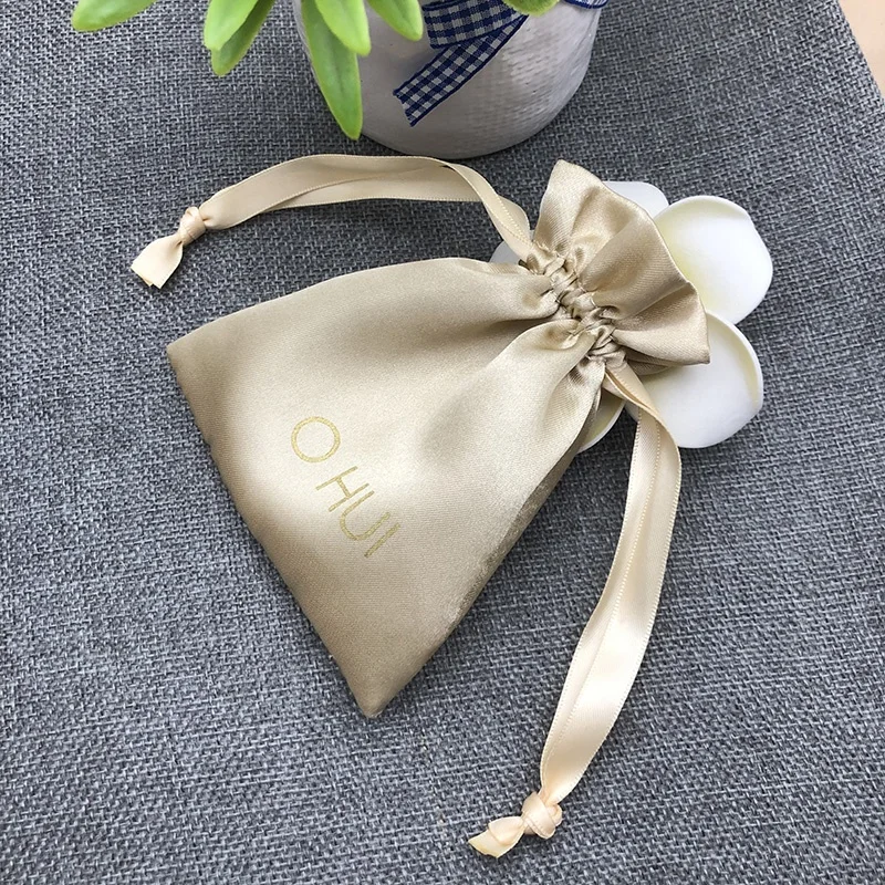 Recyclable Custom Logo Wholesale Gold Satin Pouch Jewelry Gift Bag With Printed Logo