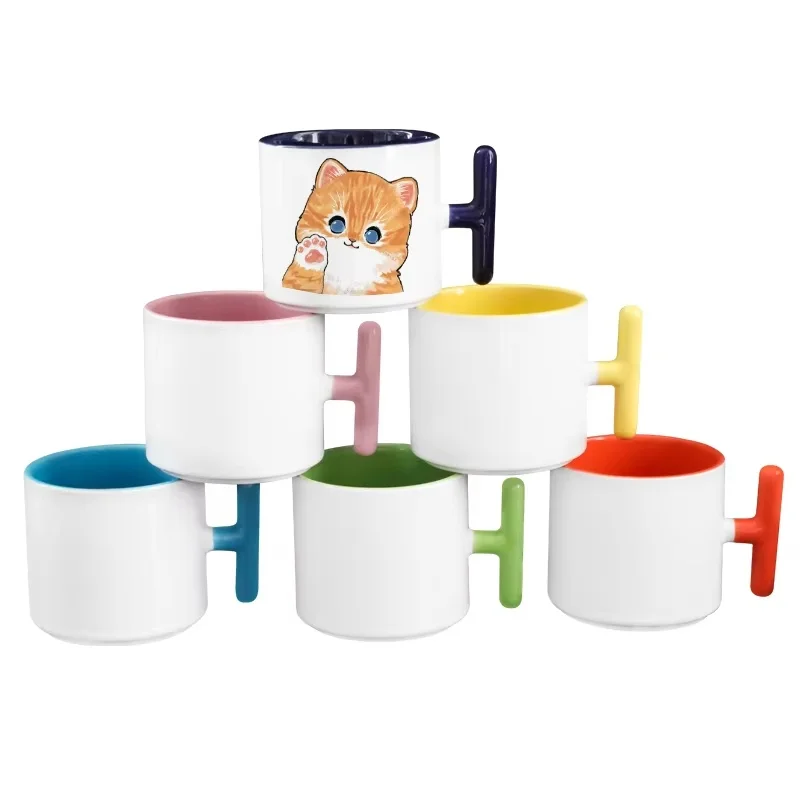 T shape handle inner color coffee mugs custom logo printed sublimation ceramic mug 8oz