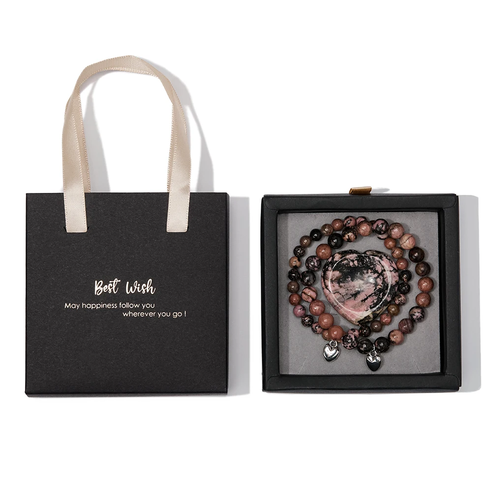 Hot Sale Gemstone Set Yoga Meditation Reiki 6mm 8mm Opalite Crystal Bead Bracelets Heart Love Worry Stone Set with Gifts Box Bag