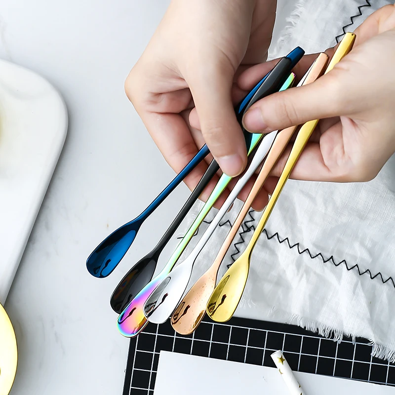 Melon seed design mixing spoon stainless steel short and long handle metal stirring spoon