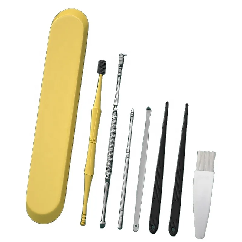 
Hot Sale Stainless Steel Earpick Wax Remover Curette Ear Cleaner Spoon Care Ear Clean Tool Yellow Double Head Ear Pick Set 7pcs 