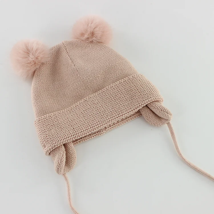 High Quality Designer New Knit Cap Winter Custom Kids Pom Pom Earflap Toddler Beanie Hats With Fleece Lining