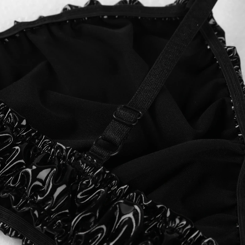 Низкая цена блестящий ПВХ гофрированный Бюстгальтер топ с трусиками Crossdress нижнее белье комплект бикини для
