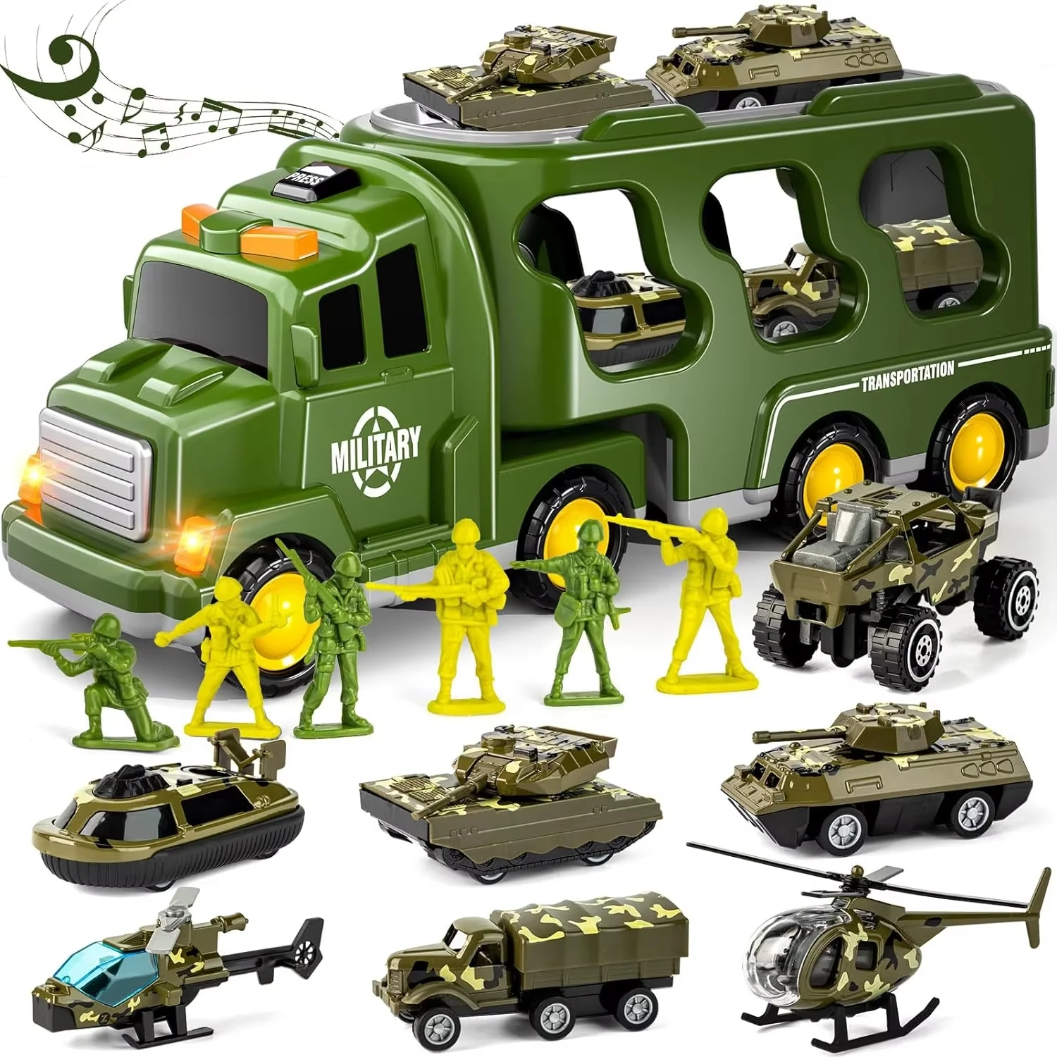 PANDAS 14 IN 1 Inertial Lighting Music Military Truck Friction Transport Car Storage Double-decker Army Tank Soldier Toy Car Set
