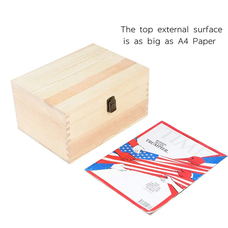 Large Rectangle Unfinished Pine Wood Box Natural DIY Craft Stash Boxes with Hinged Lid and Front Clasp