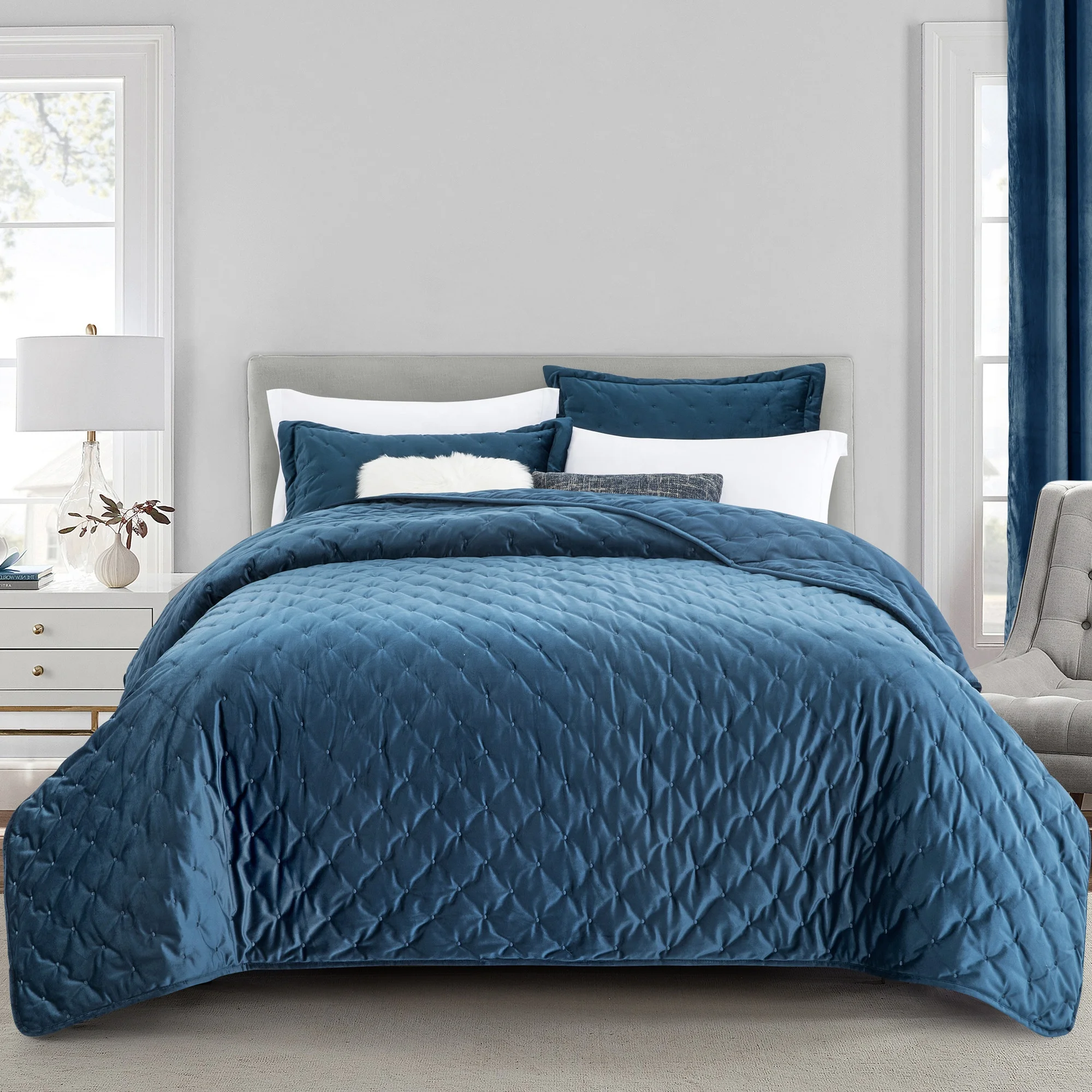 Soft Velvet bedspread and matching curtains dots embroidery quilts bedding bedspreads for living room