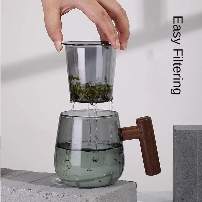 500 мл с высокой боросиликатной боковой ручкой трехсекционный фильтр чашка для чая деревянной крышкой