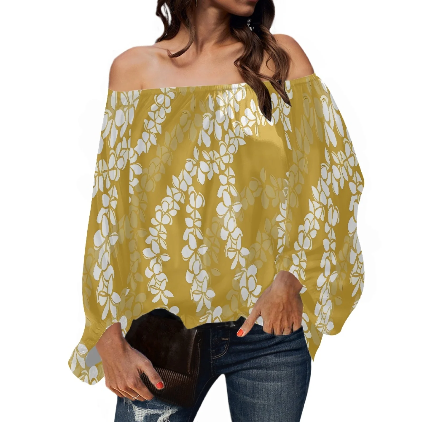 Popular Yellow Hawaiian Off Shoulder Blouses Polynesian Style Floral Pattern Women Blouses Elegant Autumn Long Sleeve Shirts POD
