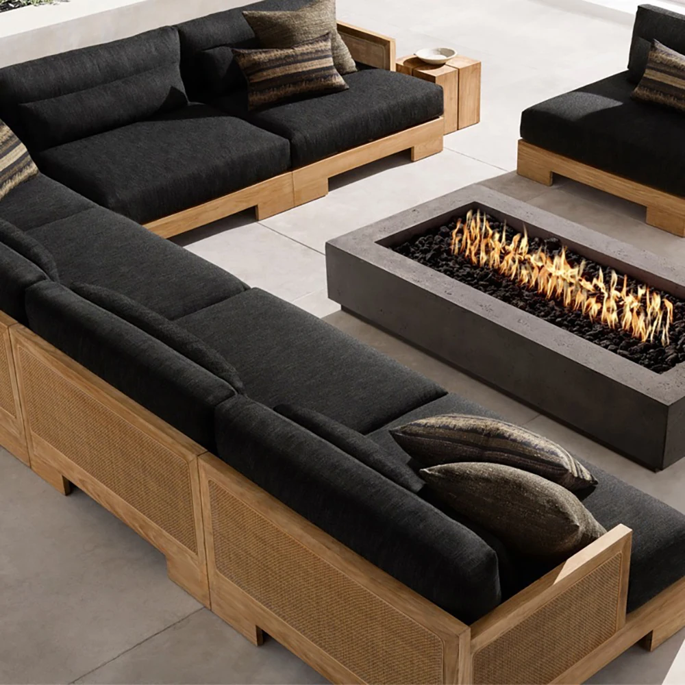 Patios Outdoor Garden Furniture Teak Wood and Cane Sectional Sofa Set for Living Room Restaurant Beach with Fabric Material