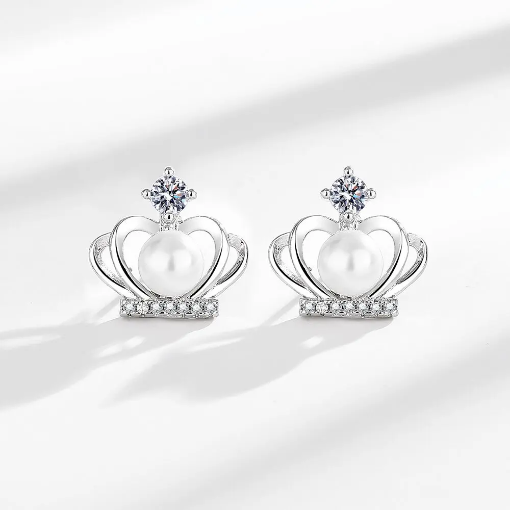 Superior pearl crown micro-inset zircon earrings women all match simple exquisite earrings