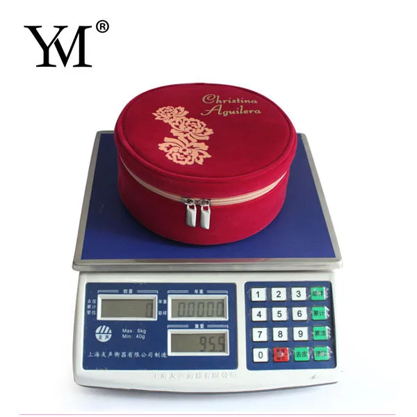 Round shape beauty cosmetic case bag red small convenient carry velvet cosmetic make up bag