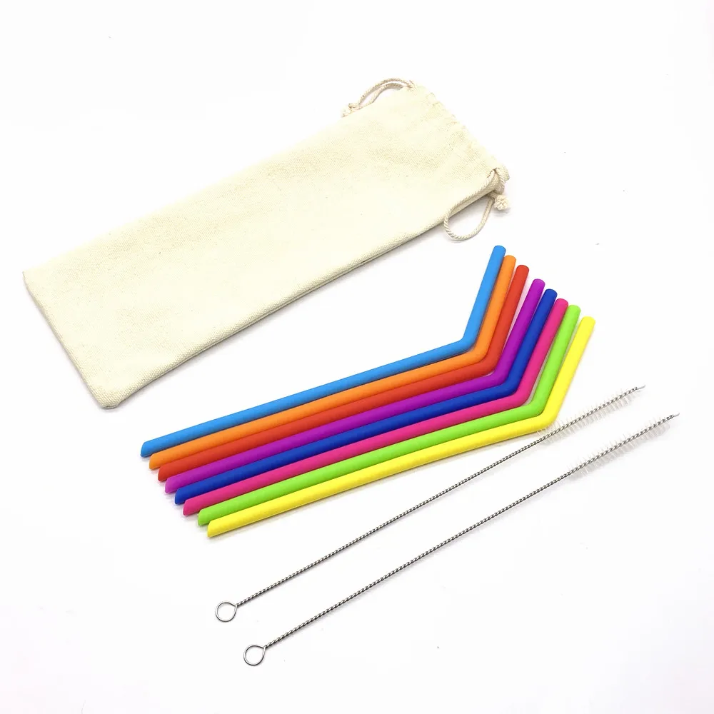 
BPA Free Dishwasher Safe 10 inch Drinking Straw Reusable Silicone Straws with Cleaning Brush 