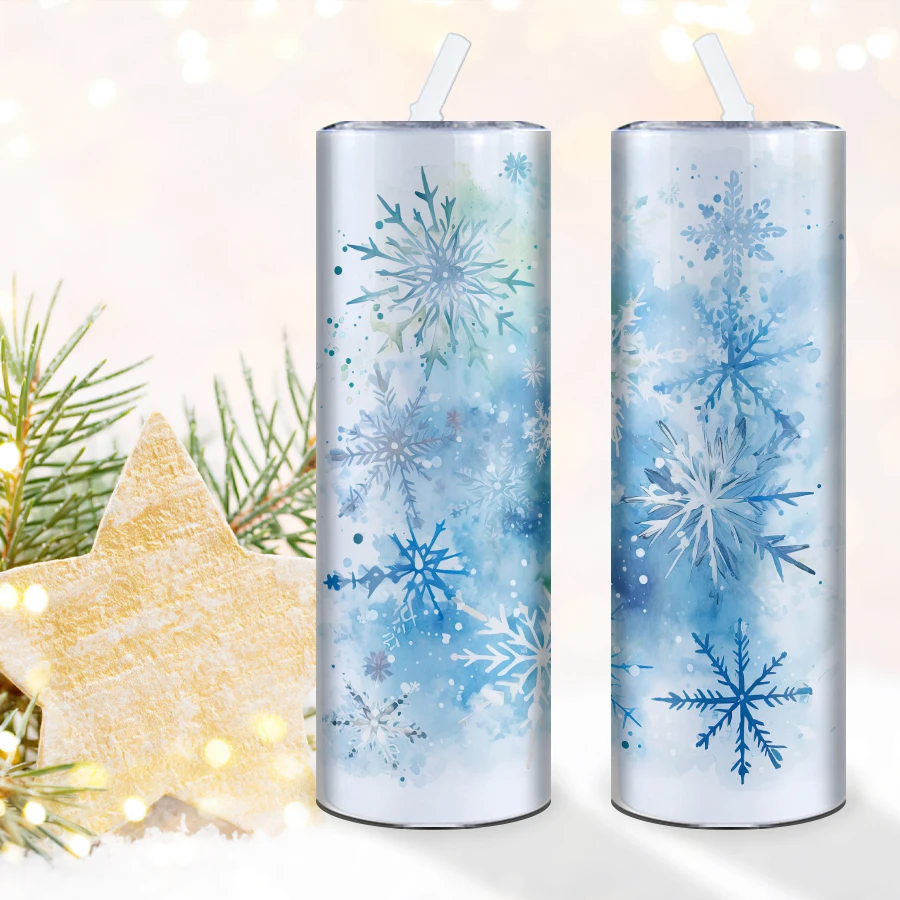 2024 Hot Ice crystal flower 3D Printed Christmas Cup Blue Snowflake 20 Oz Straight Tumbler Blue And Background Skinny Tumbler