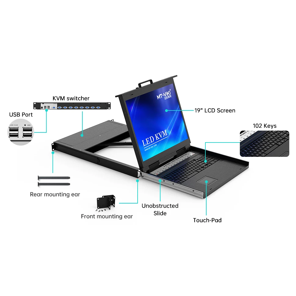 MT-VIKI 8 Port KVM Switch VGA w/ 19' LCD Monitor & 8 KVM Cable, 1280x1024 1U Rack Mount LCD KVM Console