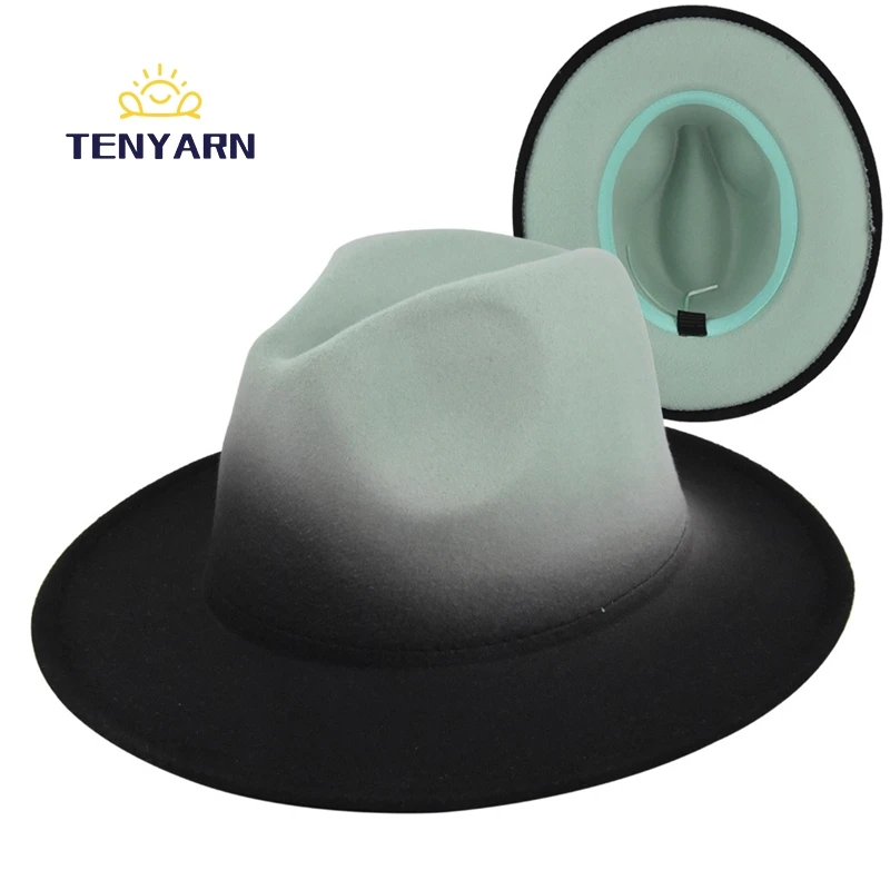 Tenyarn  60 Cm Unisex Print Ombre Wide Brim Fedora Hats Custom Women 100% Wool Mens Fedora Stylish Hats Wholesale