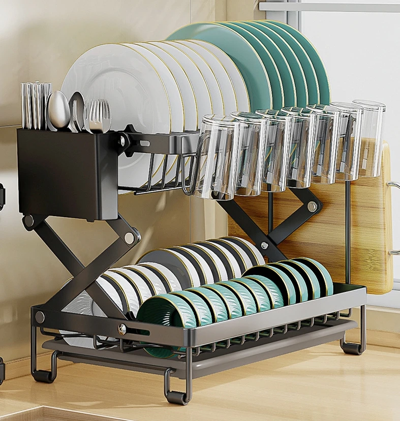 Multi-Functional Double-layer Dish Drain Rack Carbon Steel Folding X-shaped Counter Top Kitchen Drain Rack