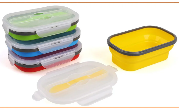 New designed microwave safe food storaged box collapsible silicone food container with spoon fork silicone folding lunch box