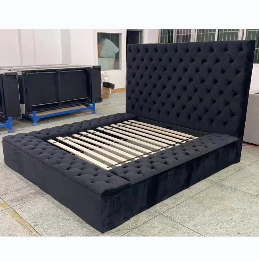 Customize bedroom furniture velvet upholstered headboard ottoman storage drawer luxury royal hotel queen king size bed frame
