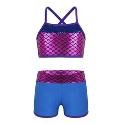 Kids Girl Tankini Suit Sequins Mermaid Scales Crop Top with Shorts Set for Gymnastics Leotard Workout Ballet Party Dance Wear