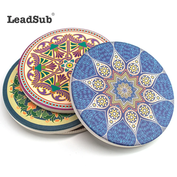 China supplier Leadsub 2022 Amazon hot-sale sublimation mandala design round ceramic coaster with cork back