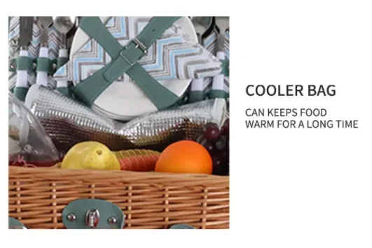 Mountain shape handmade natural rattan wicker 4 Person picnic basket set with carrying handle and glasses wick