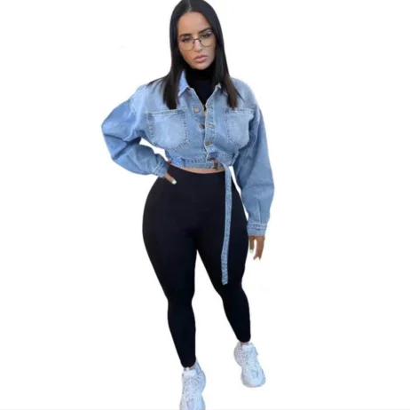 Denim jacket ladies casual denim street wear long-sleeved jacket fashion clothes belt autumn ladies clothing jacket