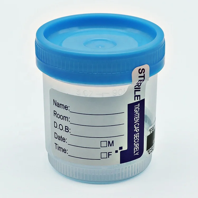 EO sterile labeled urine specimen container 90 ml in temperature strip with white cap