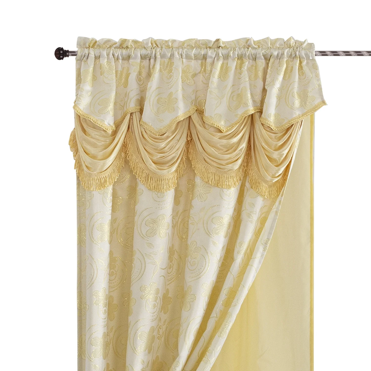 Multi-color luxury design jacquard window curtain panel with attached waterfall valance taffeta backing included for home