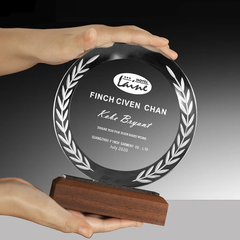 Different shaped High quality blank crystal glass awards trophies wholesale k9 custom logo trophy with wooden base