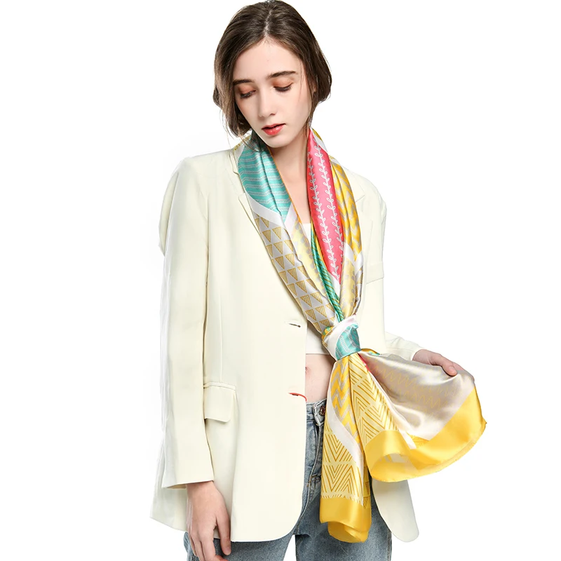  2021 New Arrivals Fashion Women Casual Luxury Islamic Shawl Scarves Muslim Hijab Geometric Printed Patchwork Silk Scarf