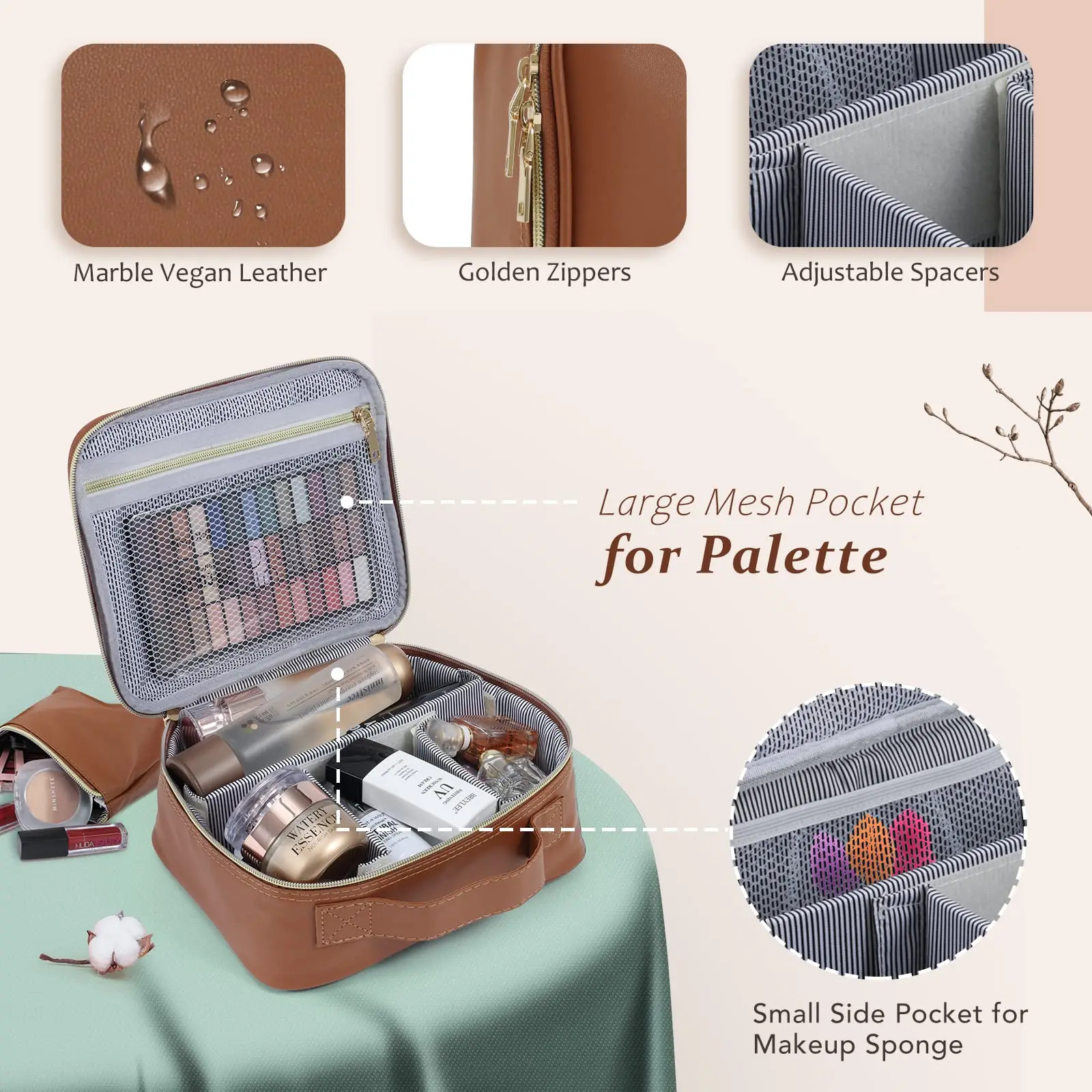 PU Leather Brown Makeup Bag Set Make up Bag Organizer Large 3Pcs Cosmetic Bag Sets for Travel