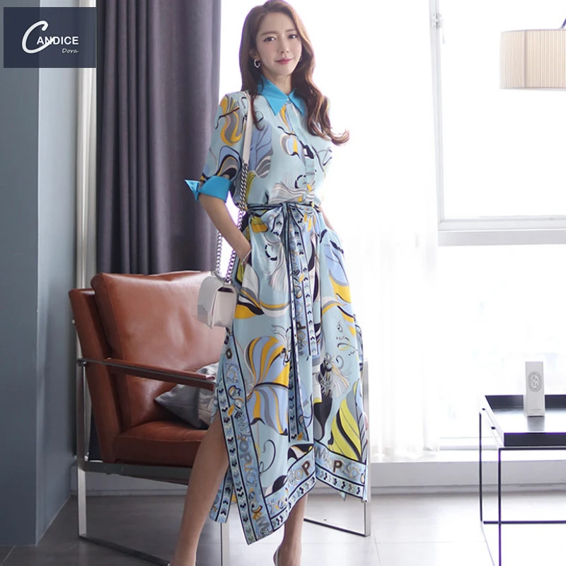 Candice 2023 spring temperament color matching shirt collar waist tie print irregular hem dress korean style