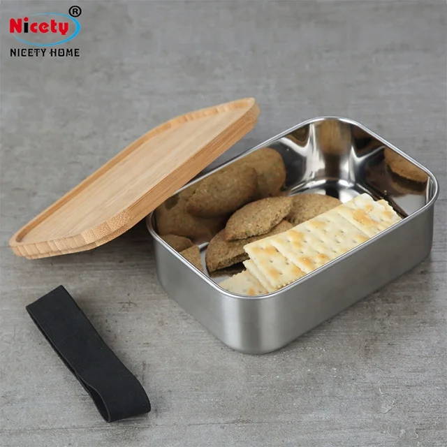304 Bento Bread Box Food Storage Lunch Box Stainless Steel Bento Wood Storage Boxes & Bins Food Container School Modern Silver