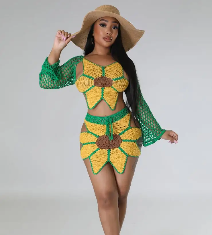 NEW STOCK Women Beach Suits Summer Clothes Hollow Out Long Sleeve Tops Two Pieces Set Knitted Crochet Sunflower Skirt