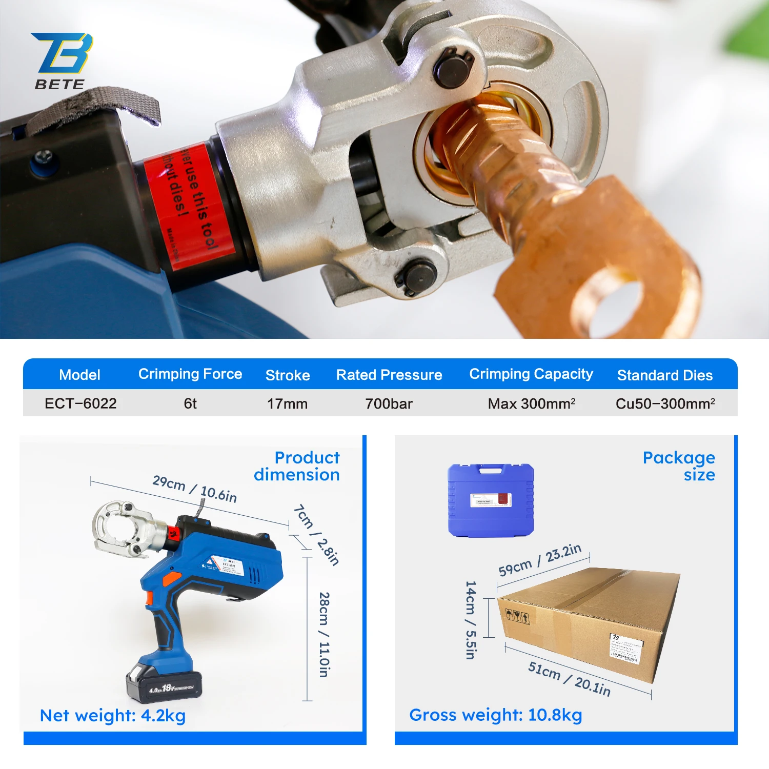 ECT-6022 6T Battery Powered Hydraulic Cable Electric Crimping Tool