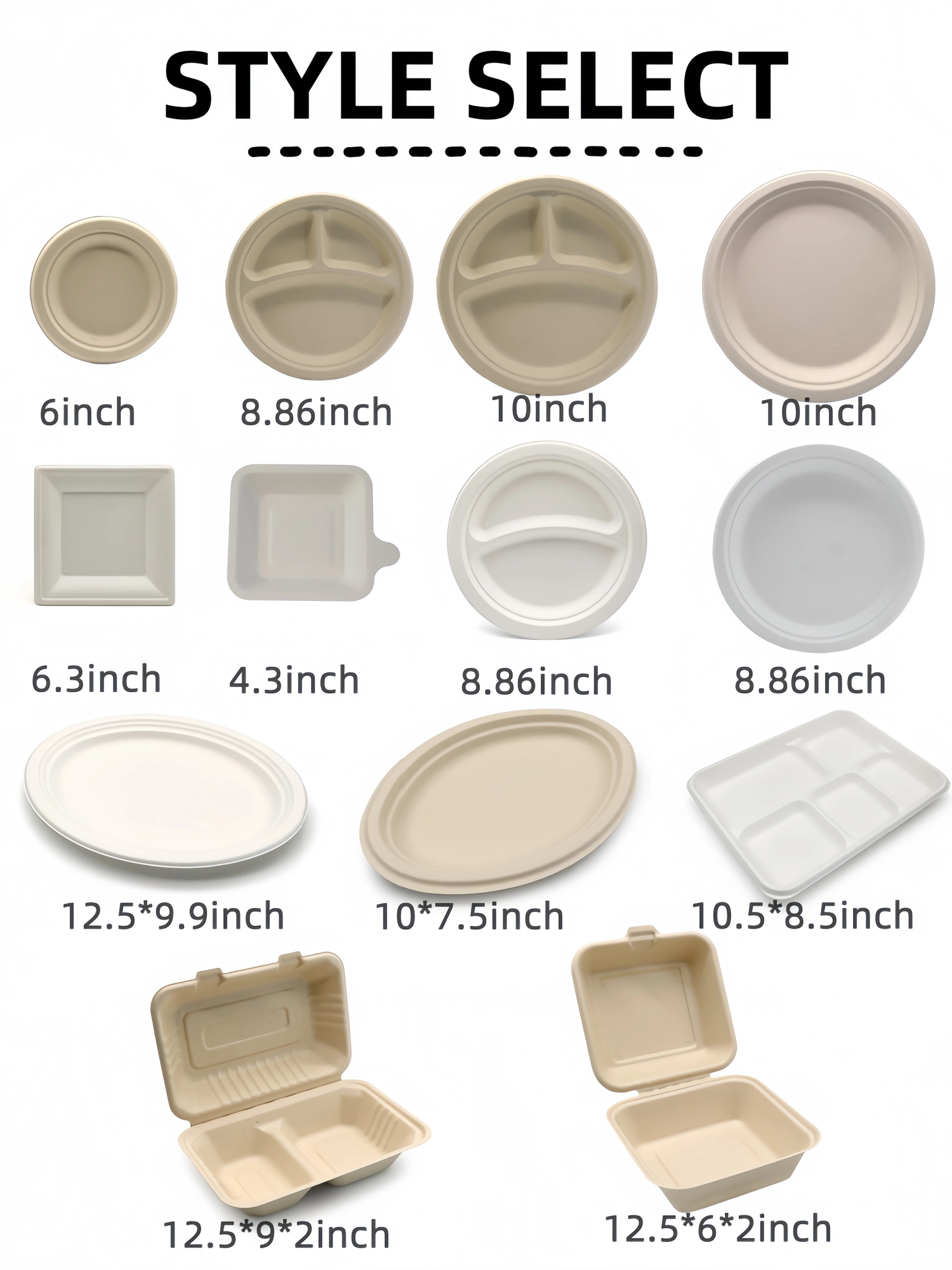 Compostable Disposable Sugarcane Bagasse Tableware Food Container Clamshell Lunch Boxes