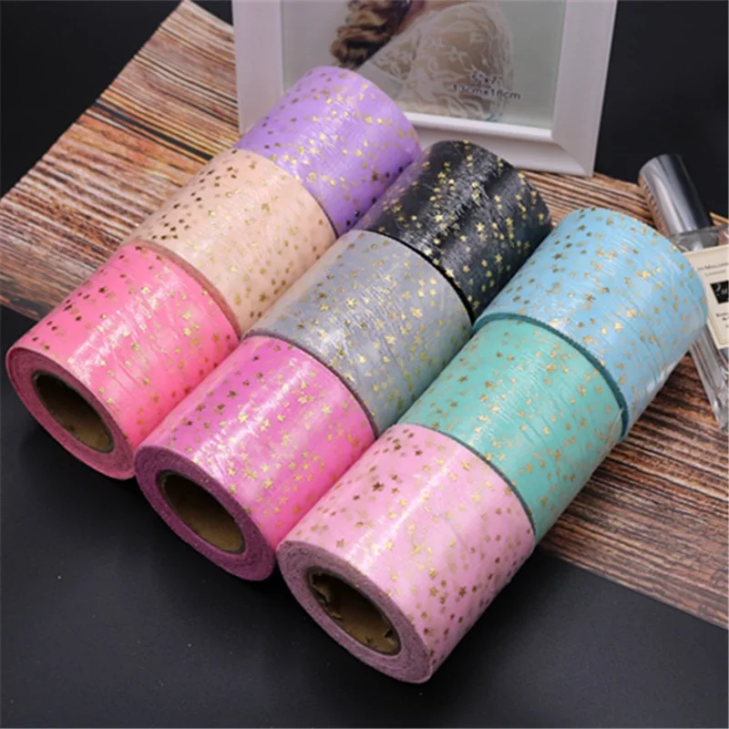 6CM Handmade DIY Material Gold Star Sequin Tulle Glitter Ribbon Rolls for Bow Accessories Wedding Decor