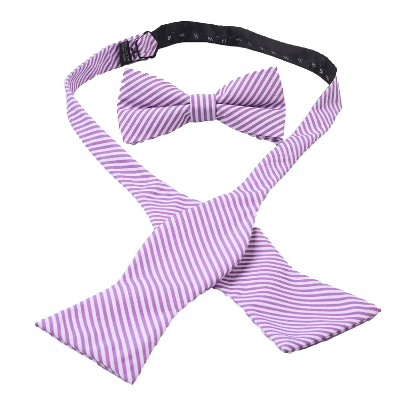 novelty cheap hand made purple striped polyester self tie bow tie and bow tie set for men
