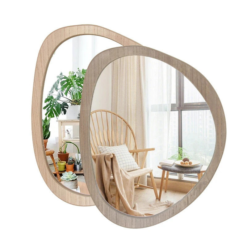 Custom Natural Color Modern Irregular Vintage Wood Asymmetrical Home Decor Wall Mirror