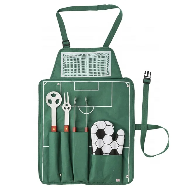 BQ-0007 Popular Apron 4-Piece Soccer Football Design Barbeque Tool Set