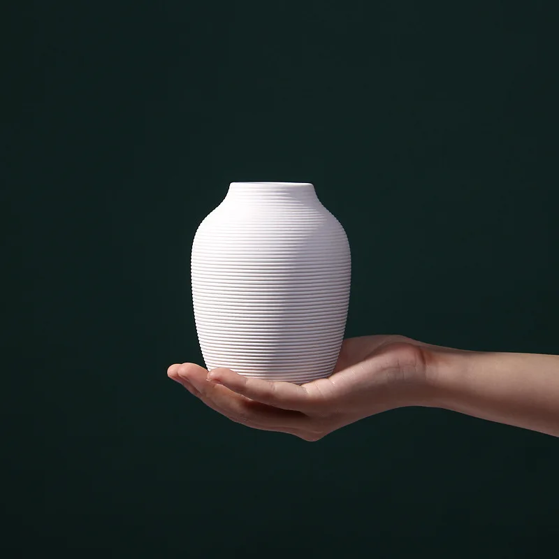 Simple Nordic style pure white screw thread plain fired ceramic vase dry flower arranger household soft decoration