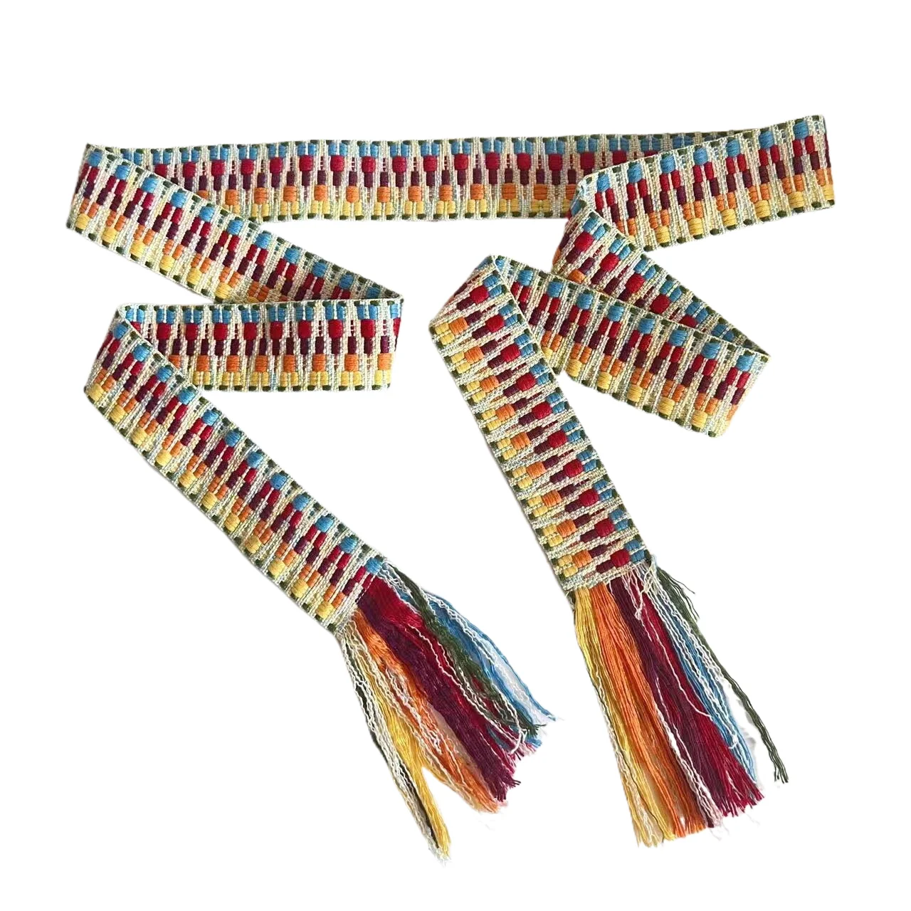 jacquard ribbon belt boho dressing belt with tassel ethnic knitted lace belt nice for jeans and pants