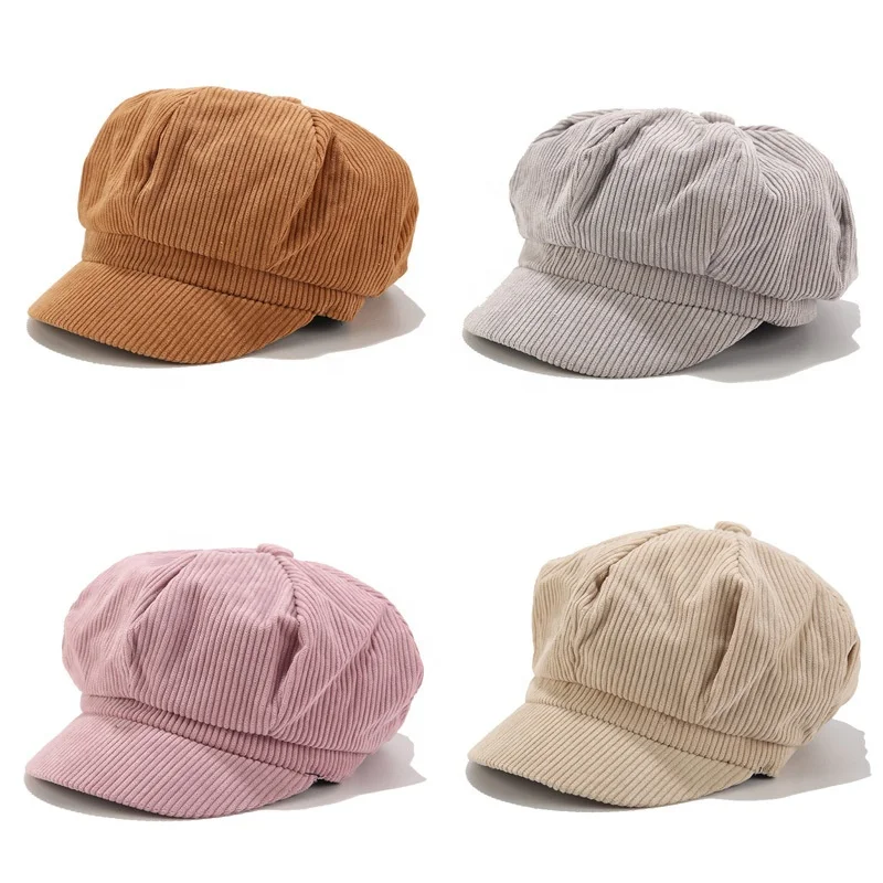 Wholesale Adult British Retro Octagon Hat Autumn And Winter Corduroy Solid Color Custom All Over Print Bucket Hat Pattern