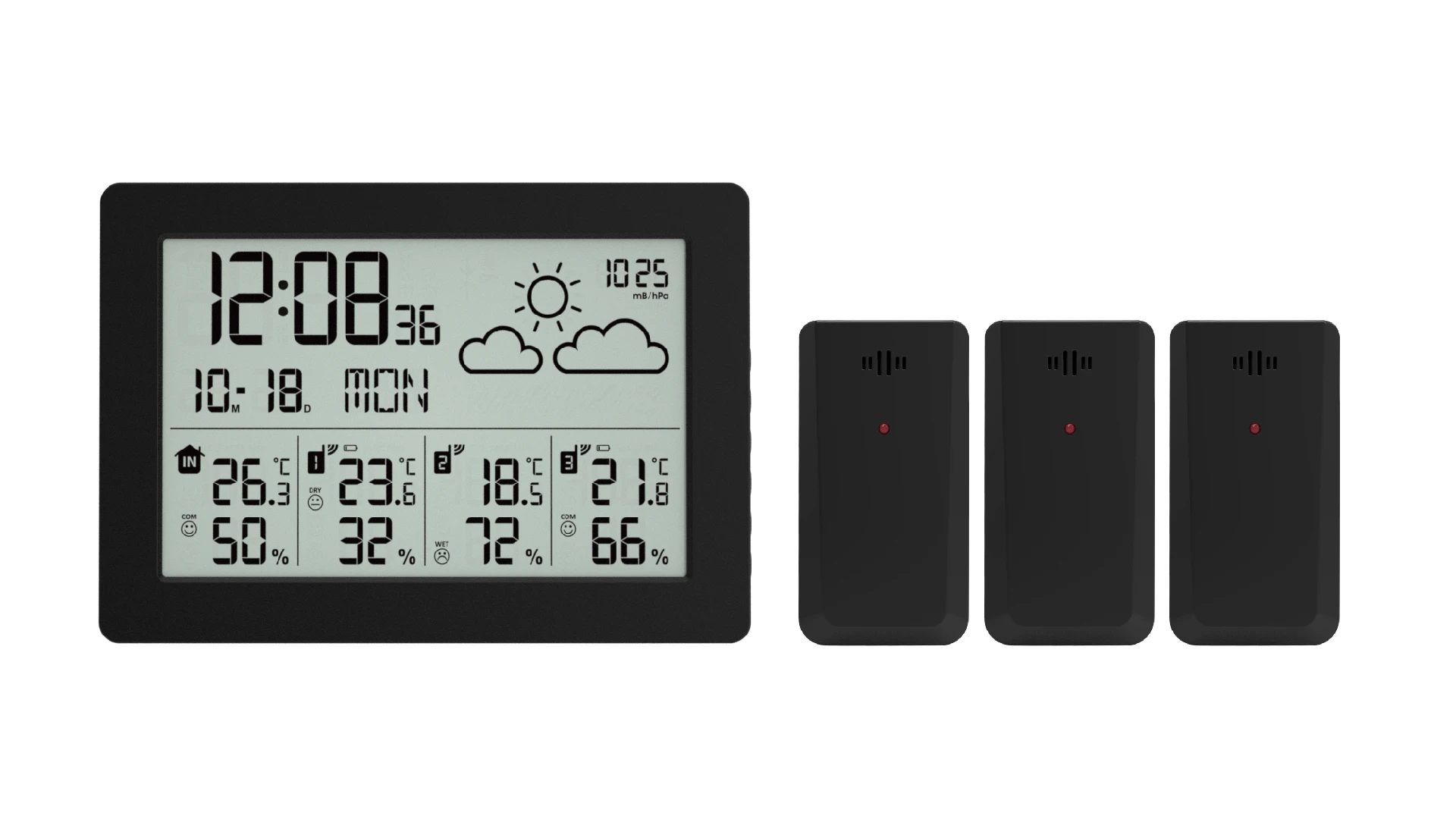 433.92 Mhz Wireless weather station clock with three sensors indoor and outdoor temperature and humidity for home office cellar