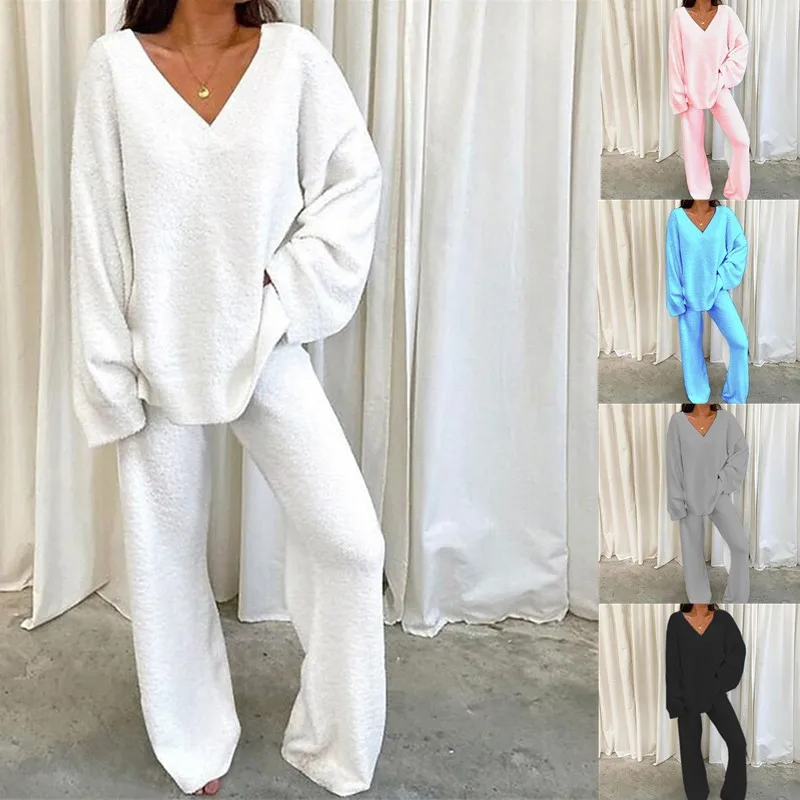 Women Tracksuit 2 Piece Casual Soft Deep V Neck Solid Sweatsuit Lounge Pajamas Set Leisure Wear